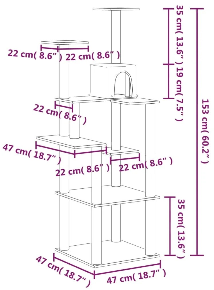 Árvore p/ gatos c/ postes arranhadores sisal 153 cm cinza-claro