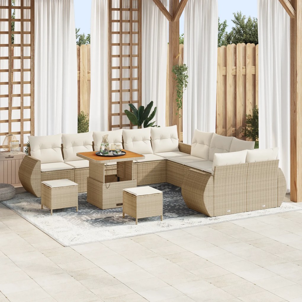 Conjunto de Sofá de Jardim vidaXL de 13 Peças com Almofadas Bege Rattan Acácia