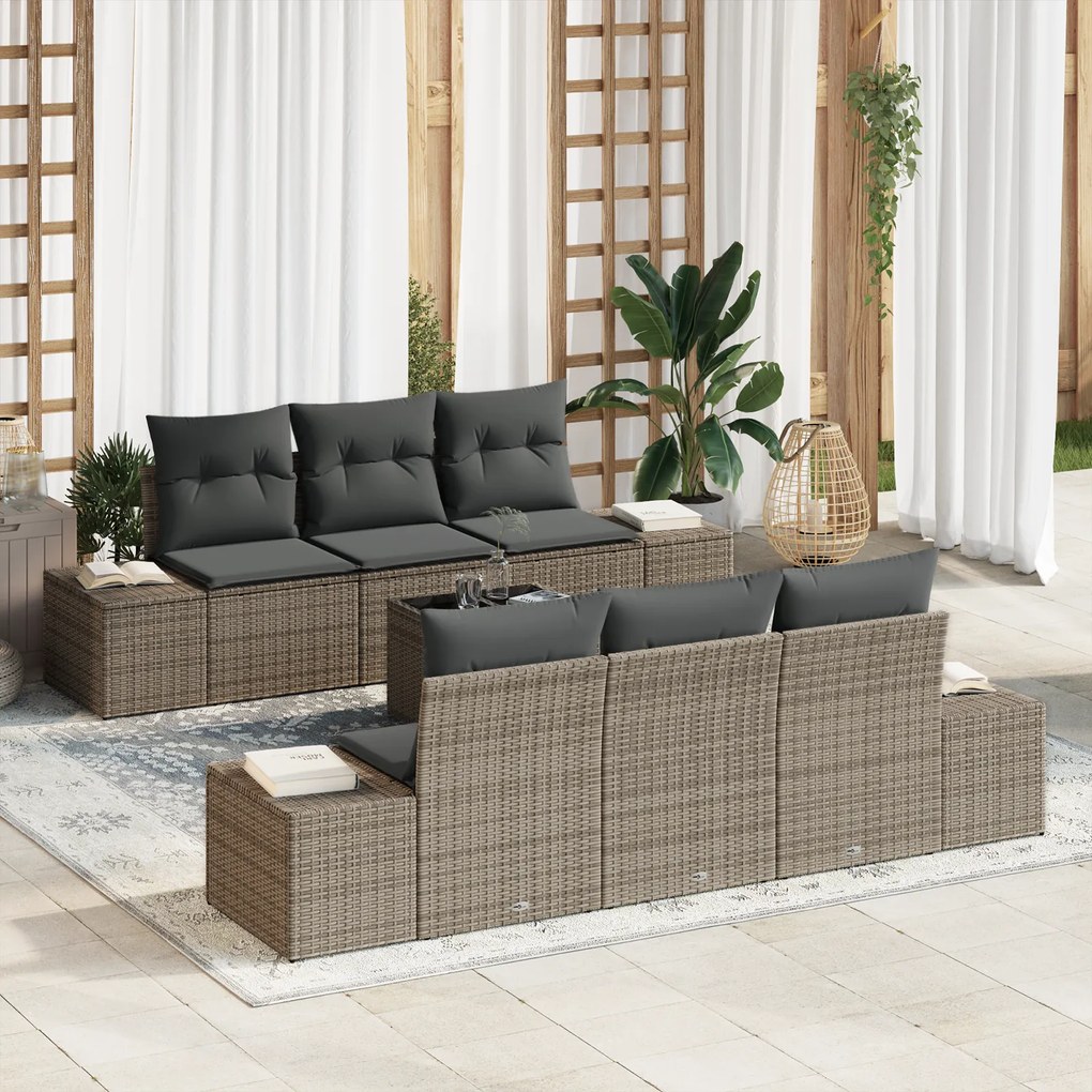 Conjunto de Sofá de Jardim de 7 Peças com Almofadas Cinza em Rattan