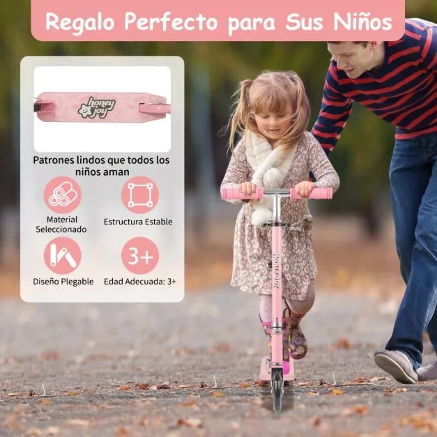 Trotinete dobrável para crianças com 2 rodas intermitentes Guiador ajustável Sistema de travão traseiro com apoios para os pés para crianças a partir