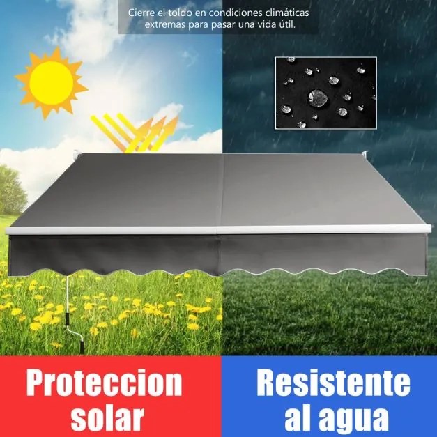 Toldo retrátil 295 x 250 cm com manivela manual Marquesina para parede Porta Janela Cinza