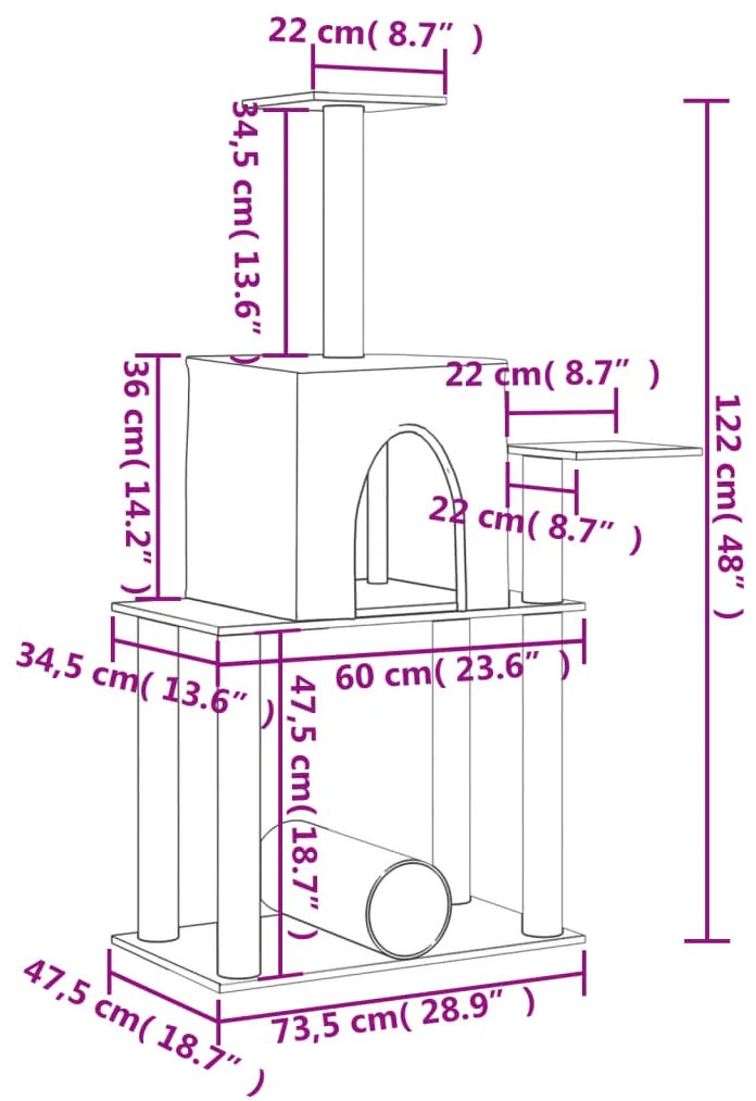 Árvore p/ gatos c/ postes arranhadores sisal 122cm cinza-escuro