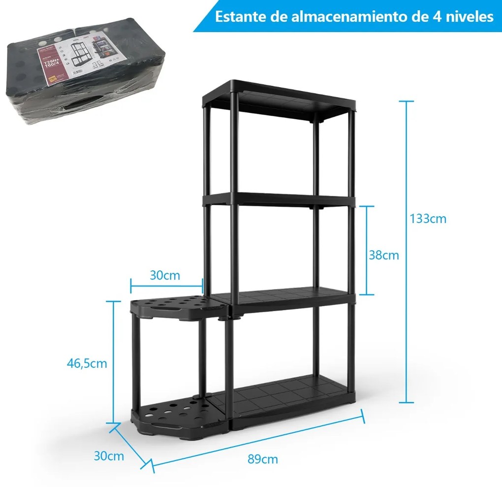 Estante de garagem, armazem de 4 níveis com organizador de ferramentas em PP (polipropileno) 89 x 30 x 133 cm Preto