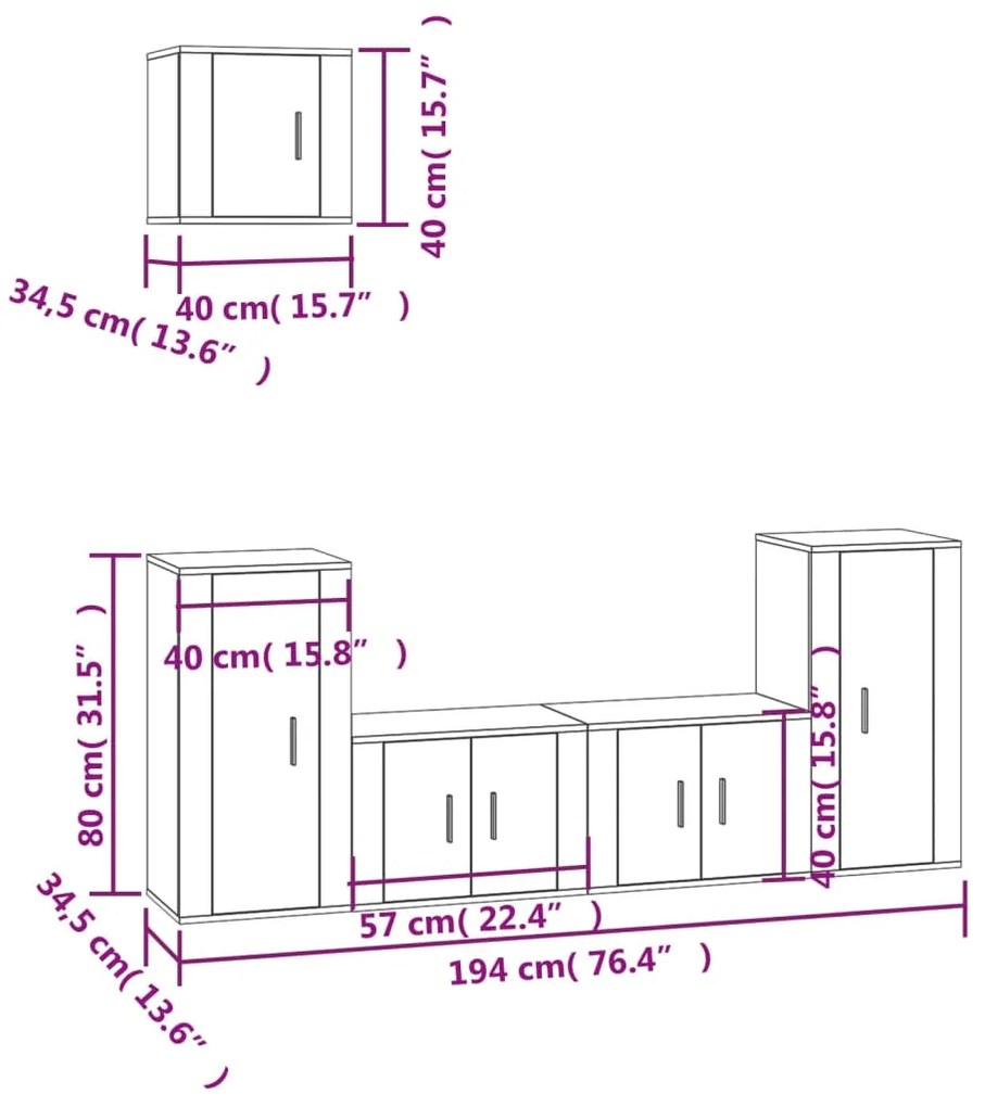 5 pcs conjunto móveis de TV madeira processada branco brilhante