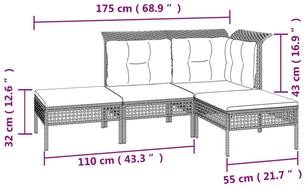 8 pcs conjunto lounge de jardim c/ almofadões vime PE cinzento