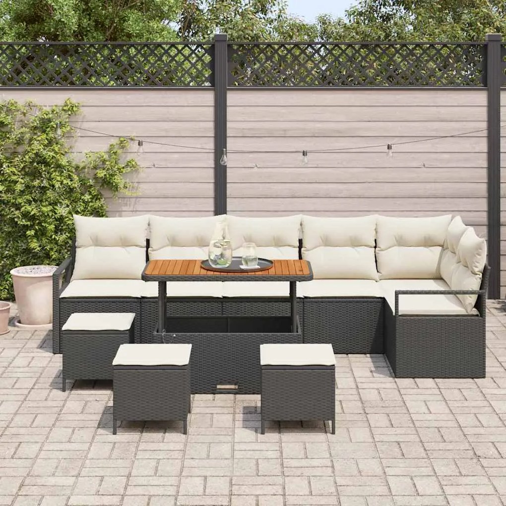 Conjunto de Sofá de Jardim de 10 Peças com Almofadas Pretas em Rattan