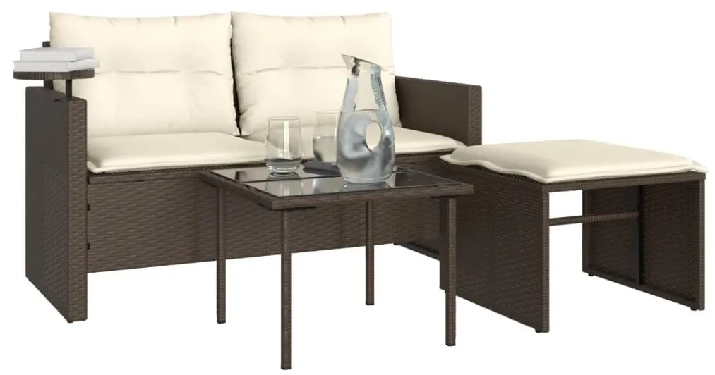 3 pcs conjunto sofás de jardim com almofadões vime PE castanho