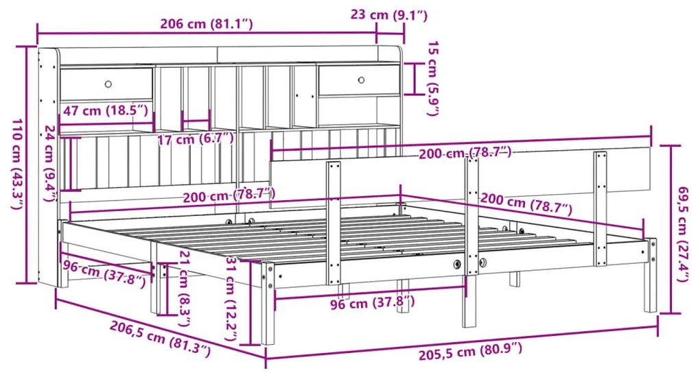 Cama com estante sem colchão 200x200 cm pinho maciço branco