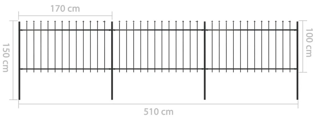 Cerca de jardim com topo em lanças 5,1x1 m aço preto