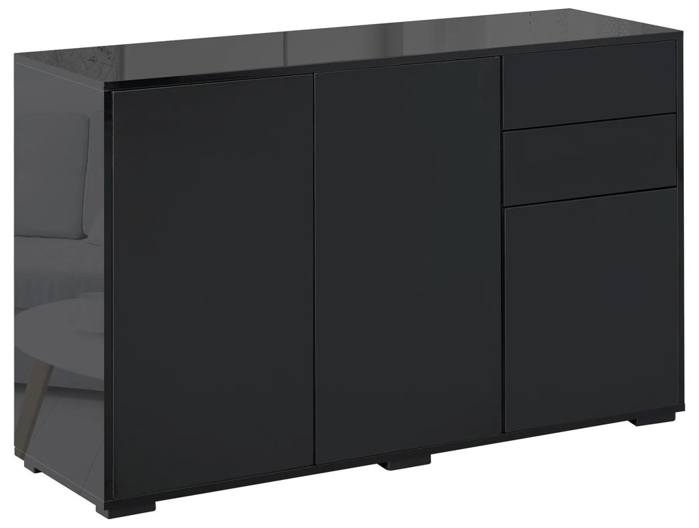 HOMCOM Aparador de Sala de Estar com 3 Portas 2 Gavetas e Prateleira Interior Ajustável Móvel Auxiliar de Armazenamento para Cozinha Dormitório Anti-Rolamento 117x36x74 cm Preto | Aosom Portugal