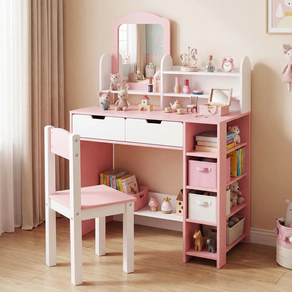 Conjunto de Toucador Infantil com Espelho e Cadeira, 80 x 40 x 118 cm, Arrumação Espaçosa, Cor-de-rosa
