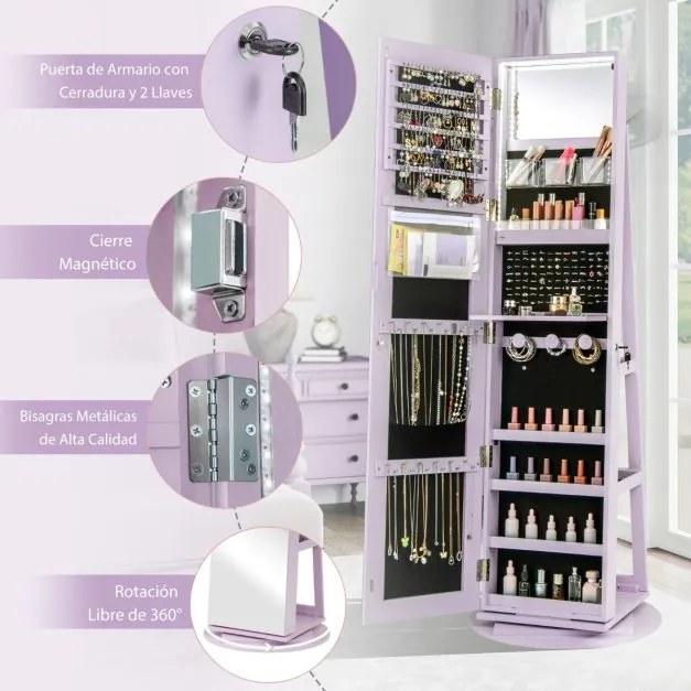 Armário joias giratório 360° com luzes LED Espelho de corpo inteiro 54,5 x 161 cm Púrpura