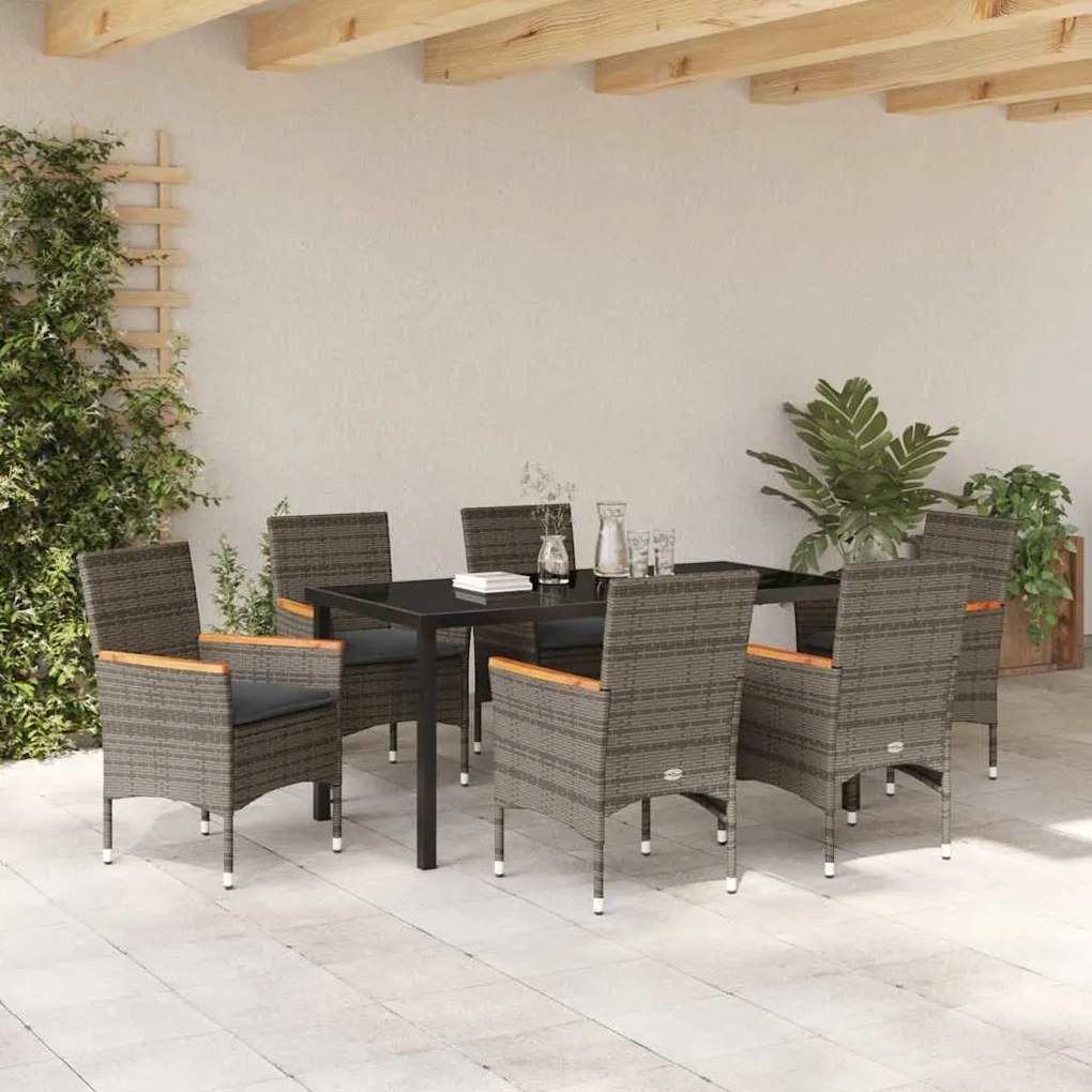 Conjunto de Jantar de Jardim 7 Peças com Almofadas Cinzas de Rattan Si