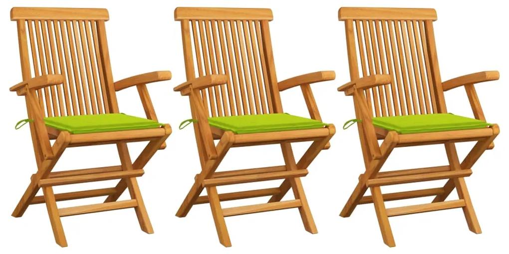 3062525 vidaXL Cadeiras jardim c/ almofadões verde brilhante 3 pcs teca maciça
