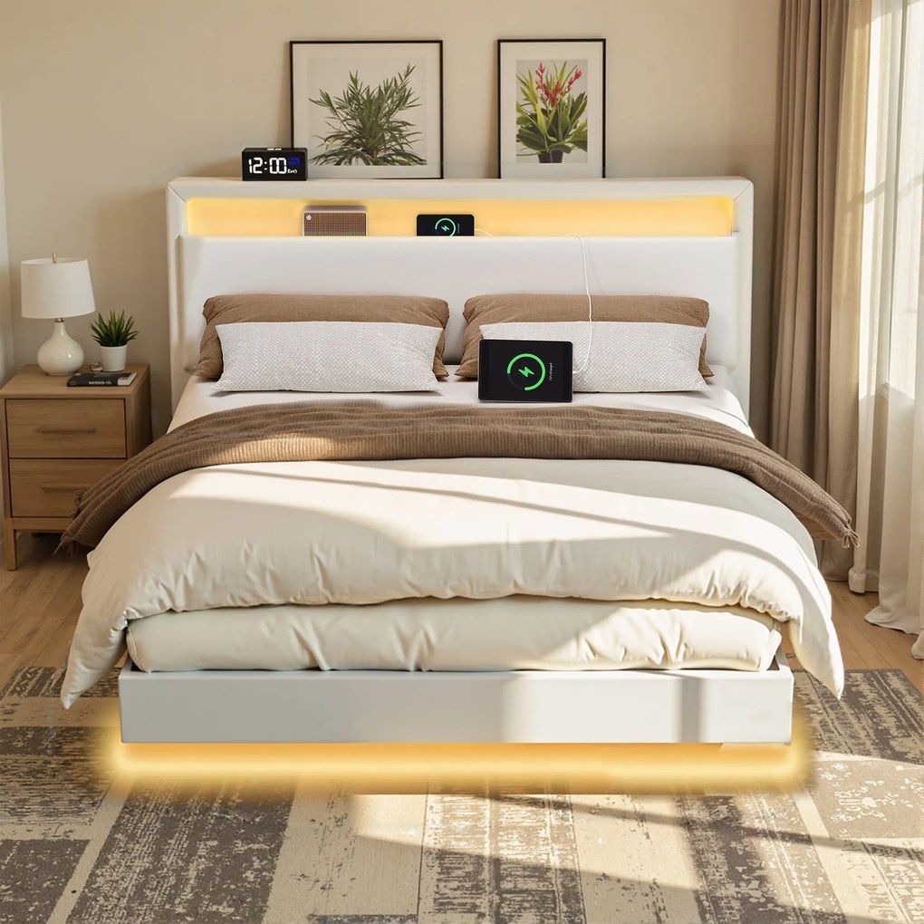 Cama de casal 140 x 200 cm (COLCHÃO NÃO INCLUIDO) com luzes led e com efeito suspenso Branca