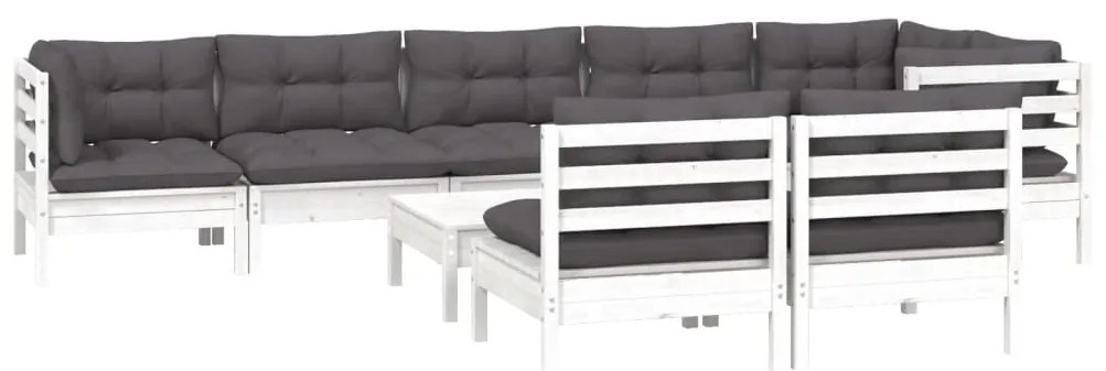 9 pcs conj. lounge de jardim c/ almofadões pinho maciço branco