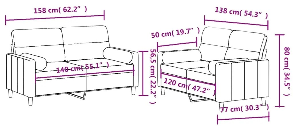 2 pcs conjunto de sofás com almofadas tecido cinzento-claro