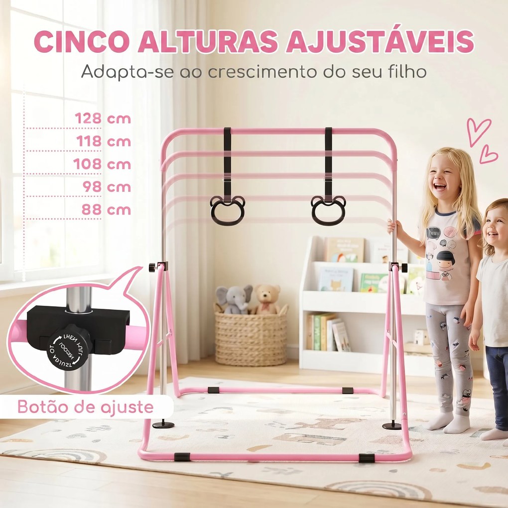 Barra de Ginástica para Crianças com Altura Ajustável em 5 Níveis Anéis e Dobrável 148x105x88-128 cm Rosa