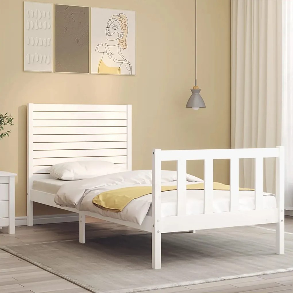 Estrutura cama de solteiro c/ cabeceira madeira maciça branco