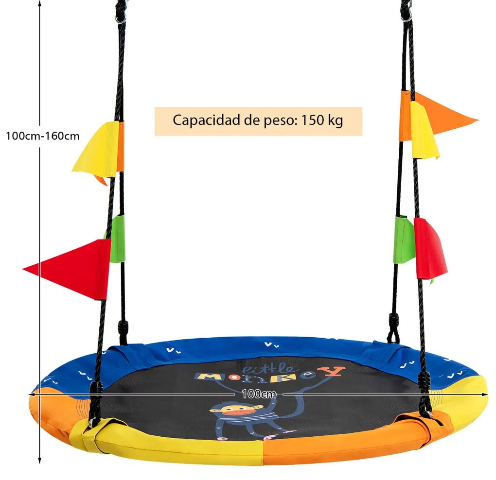 Baloiço 100 cm Redondo para Crianças com Bandeiras Coloridas Altura Ajustável com Ganchos Multicor