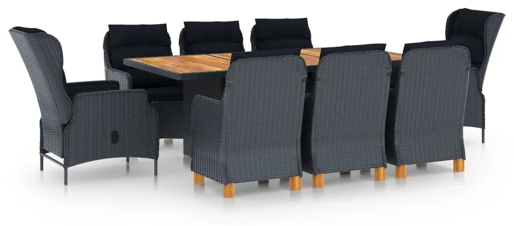 vidaXL 9 pcs conj. jantar exterior c/ almofadões vime PE cinza-escuro