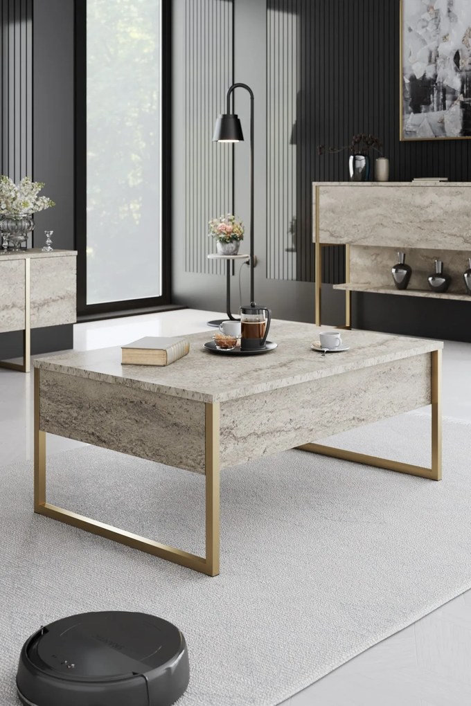 Mesa de Centro Luxe – Travertine/Gold – 90x60x40 cm