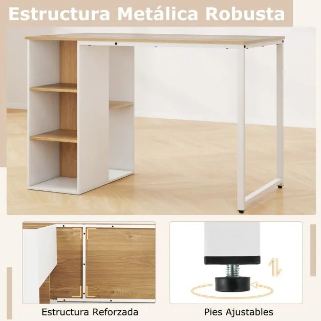 Secretária para computador moderna para escritório em casa 115 x 59 x 75 cm com 5 compartimentos de armazenamento Natural
