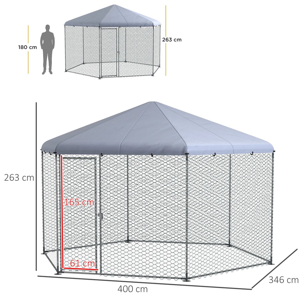 Galinheiro Grande de Exterior em Aço 400x346x263 cm Estrutura Hexagonal Coberta com Tecido Oxford Prata