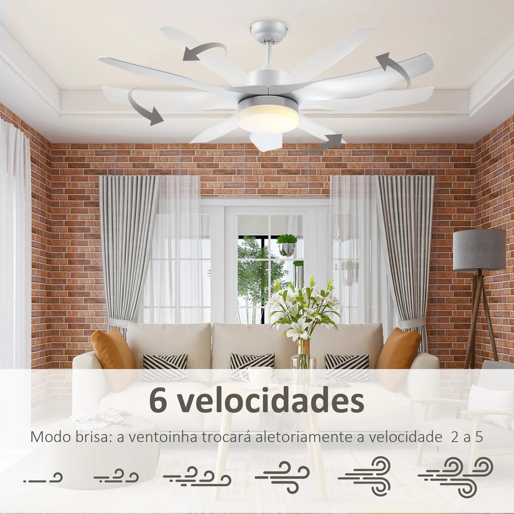 HOMCOM Ventoinha de Teto 20,5W Diâmetro 132cm com Controle Remoto Luz LED Ajustável em 3 Níveis 3 Lâminas Reversíveis 6 Velocidades e Temporizador para Dormitório Sala de Estar Branco