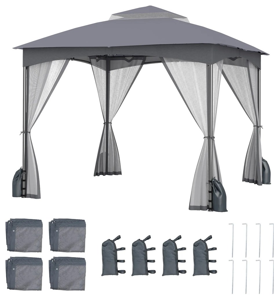 Telhado macio de camada dupla com 4 sacos de areia com zíper, gazebo de pátio de 3x3 m com paredes de malha de areia