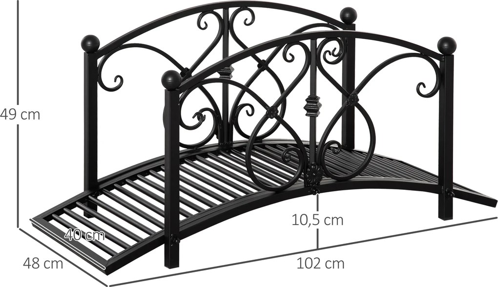 Ponte de jardim em metal, decoração de jardim com corrimões laterais, carga máxima de 150 kg, 102 x 48 x 49 cm, preta