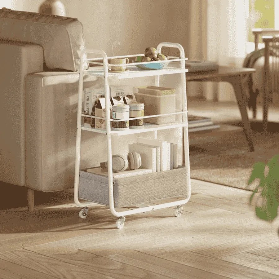 Carrinho multifuncional com 3 níveis e cesto de tecido 43 x 30 x 81 cm Branco-Castanho camelo