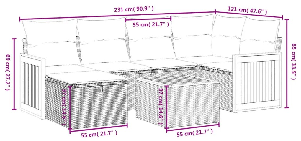 7 pcs conjunto de sofás p/ jardim com almofadões vime PE bege