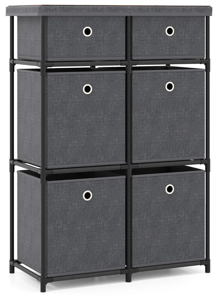 Cómoda com 6 gavetas 58 x 29 x 84 cm, estrutura metálica e cestos de tecido dobráveis para casa, cinza