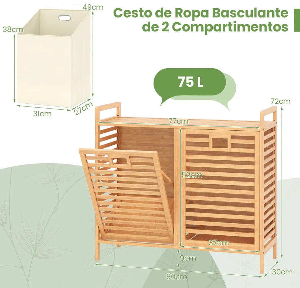 Cesto de roupa suja duplo 80 x 30 x 72 cm com abertura de bambu de 75 L com 2 cestos removíveis Natural