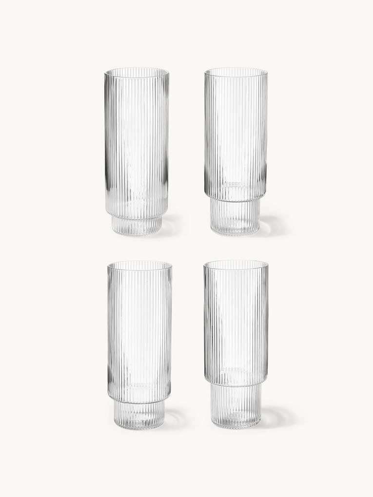 Mouth-Blown Highball Glasses Ripple with Groove Relief, Set of 4