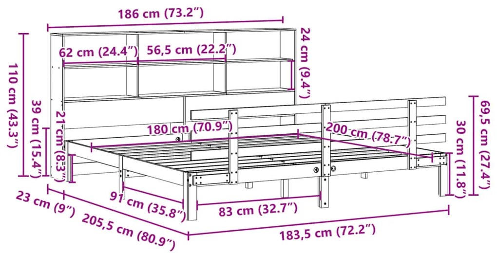 Cama com estante sem colchão 180x200 cm pinho maciço