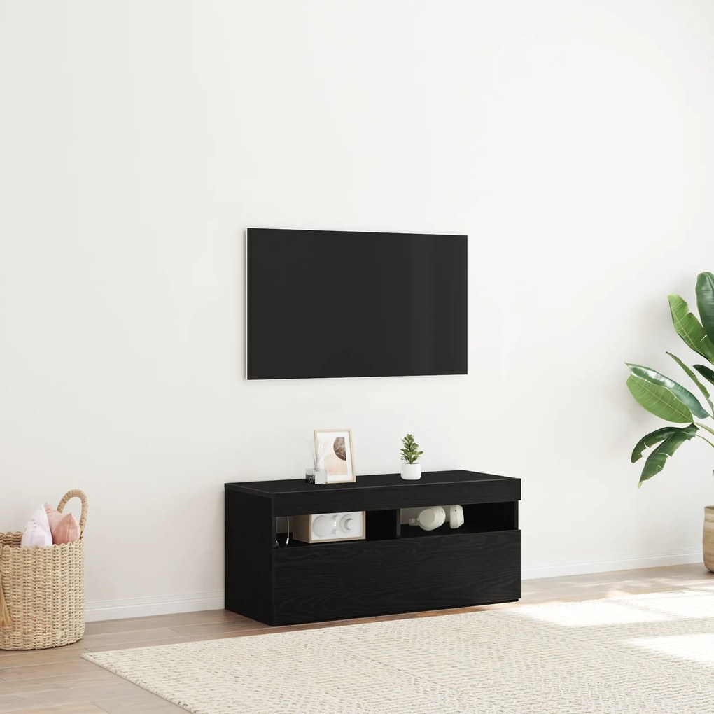 Cabide de televisão vidaXL com Luzes LED em Madeira de Carvalho Preto 90x35x40 cm