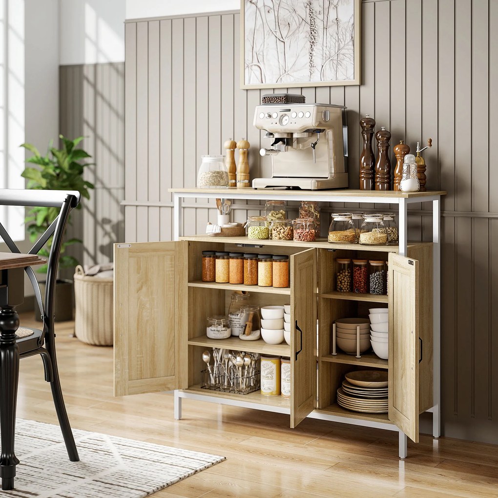Aparador 100 x 35 x 88 cm, móvel de arrumação de cozinha ou sala com 3 portas, compartimento aberto e 4 prateleiras ajustáveis, madeira cor natural
