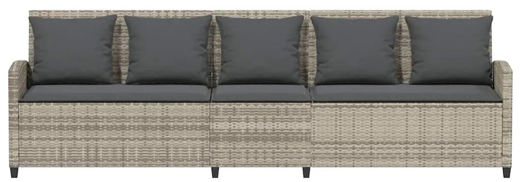 Sofá de jardim de 5 lugares c/ almofadões vime PE cinza-claro