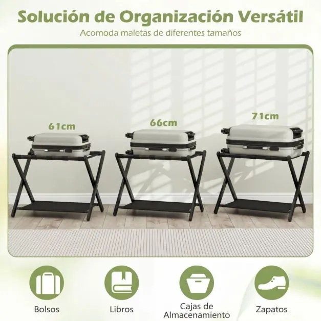 Conjunto 2 Suportes dobráveis para malas em bambu 68 x 46 x 53 cm, com correias de nylon, prateleiras de arrumação para o quarto de hóspedes ou quarto