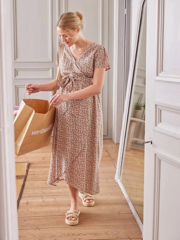 Vestido estampado às flores, com cordão na cintura, para grávida cru