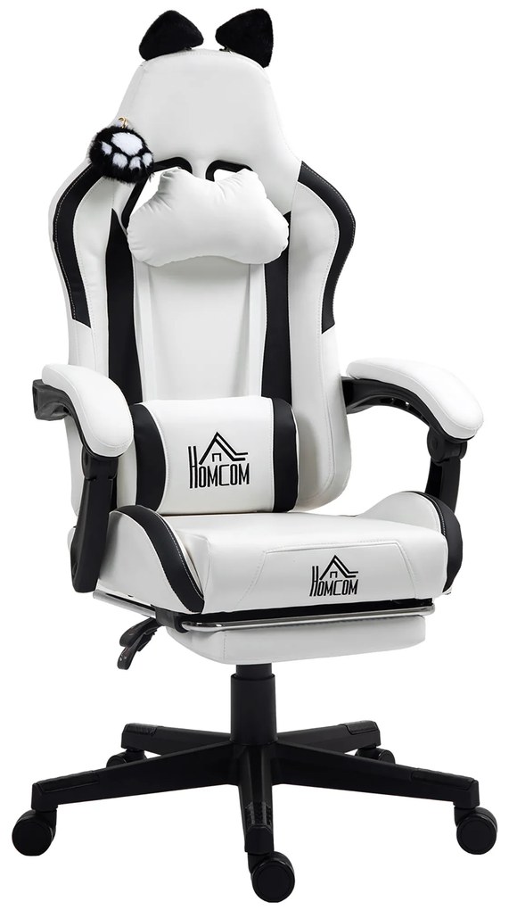 HOMCOM Cadeira Gaming com Orelhas Cadeira Gamer Reclinável com Altura Ajustável e Suporte Lombar 65x62x116-124 cm Branco | Aosom Portugal