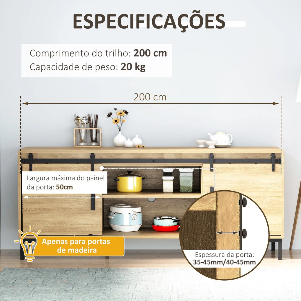 Ferragens Portas de Correr 200 cm Kit para Porta de Correr Dupla Largura 50 cm Aço Carbono Preto