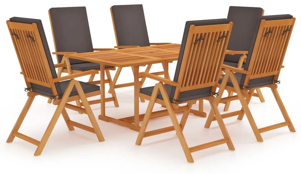 vidaXL 7 pcs conjunto jantar jardim + almofadões cinzentos teca maciça