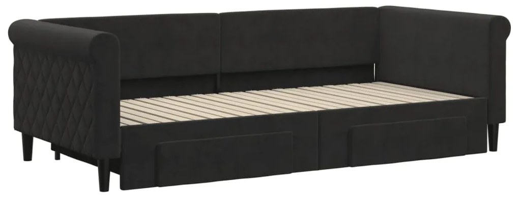 Sofá-cama com gavetão e gavetas 90x200 cm veludo preto