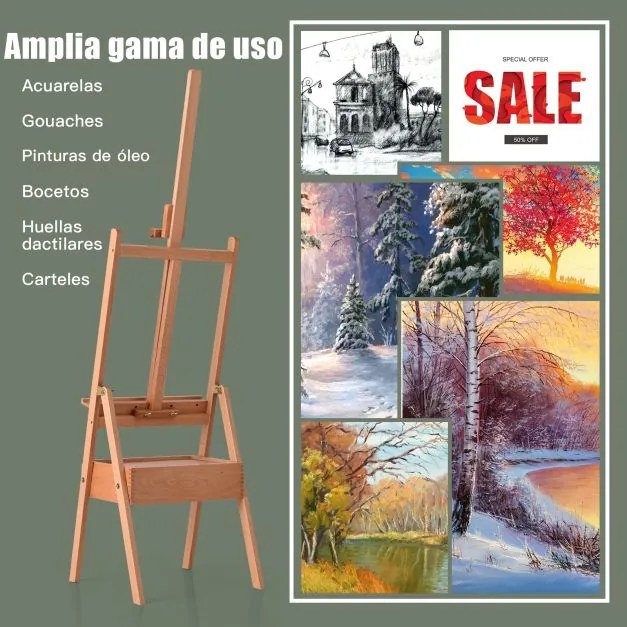 Cavalete de desenho Tripé com gaveta em madeira 100% faia para telas até 92 cm para estudantes e adultos 44 x 41,5 x 151-194,5 cm