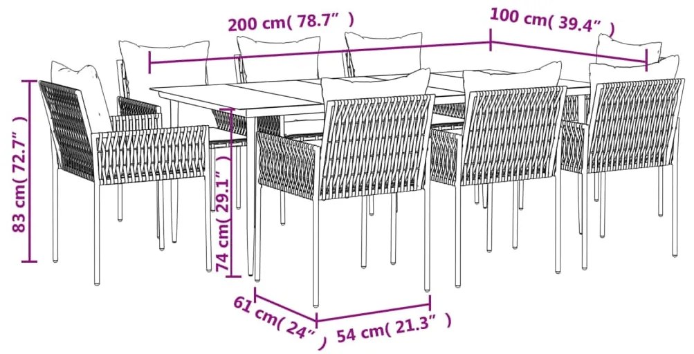 9 pcs conjunto de jantar p/ jardim com almofadões vime PE e aço