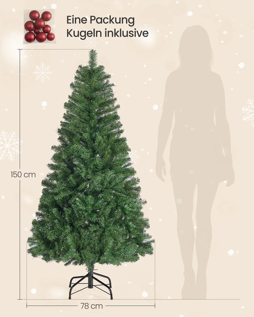 Árvore de Natal artificial 150 cm de altura (BOLAS VERMELHAS INCLUIDAS) com suporte metálico Verde