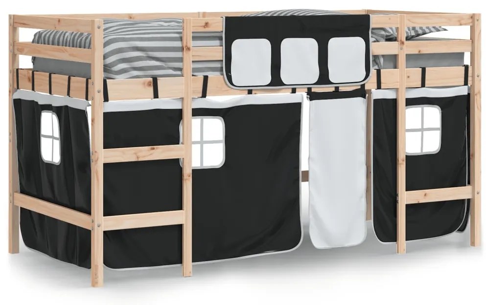 Cama alta criança c/ cortina 90x200cm pinho maciço branco/preto